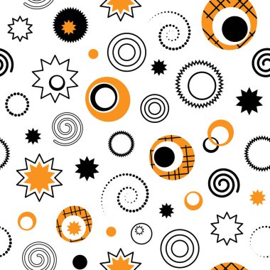 Geometrik şekilli vektörsüz desen: daireler, yıldızlar, çizgiler, spiraller. Memphis tarzı. 90 'ların tarzı. Geometrik desen kumaş, tekstil, ambalaj kağıdı, duvar kağıdı tasarımı için mükemmeldir..