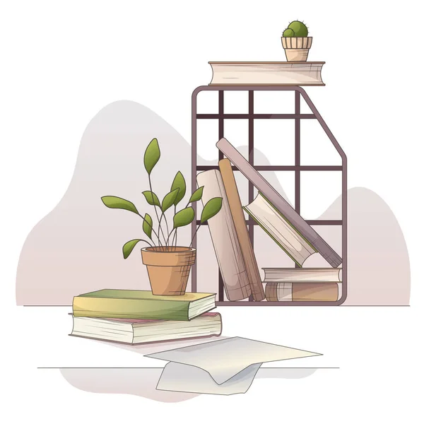 Vector Illustration Books Table Shelf Stack Books Houseplant Cartoon Style — Stock Vector