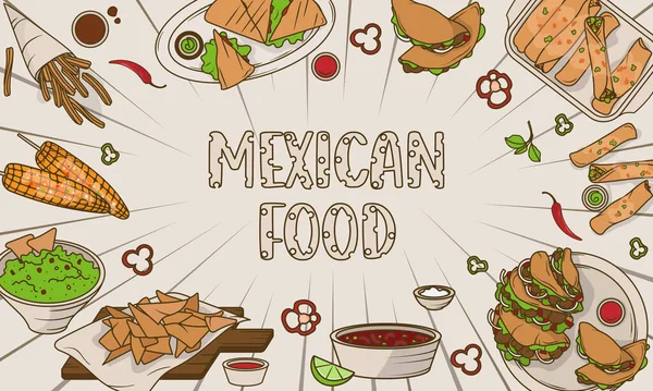 Meksika yemeklerini gösteren vektör geçmişi: taco, burrito, quesadilla, enchilada, nachos, elote, chili con carne, chili. Çizgi film stili illüstrasyon afiş, poster ve menü için mükemmel.