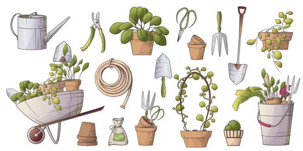 Set Vector Illustration Gardening Elements Tools Cart Watering Can Houseplants — Stock Vector