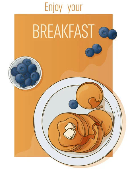 Ilustrasi Vektor Gambar Tangan Dari Sarapan Dengan Pancake Dan Blueberry - Stok Vektor