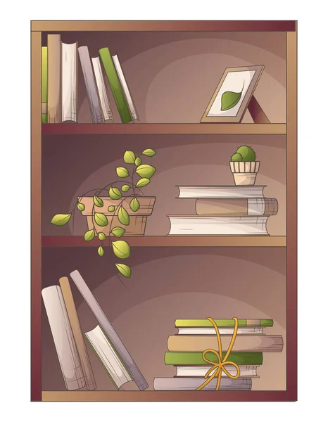 Illustration Vectorielle Bibliothèque Avec Livres Plantes Intérieur Cadre Illustration Dessinée — Image vectorielle