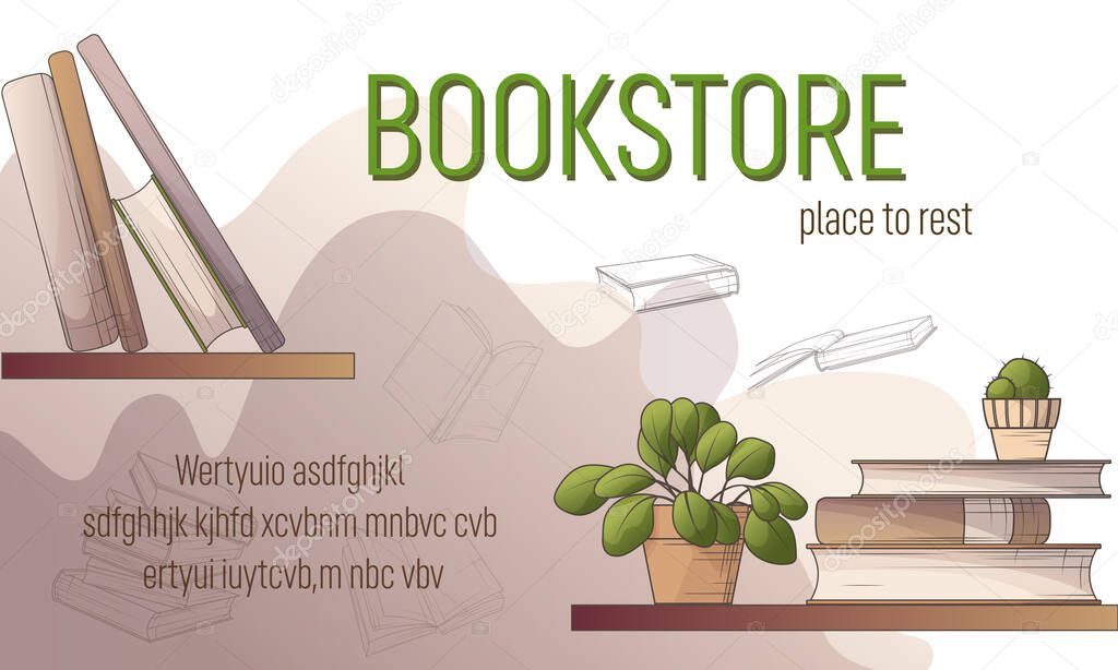 Vector illustration of background with books, houseplants. Hand-drawn illustration perfect for decoration of bookstore, library, interior, design of website, card, poster, banner. Cartoon style.
