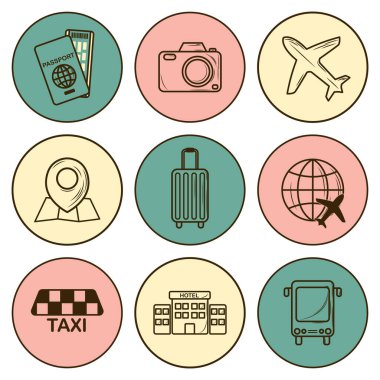 Web ve mobil uygulamalar, UI ve infografik tasarım için 9 simge seyahat vektörü. Semboller: uçak, pasaport bilet, otobüs, taksi, otel, dünya, yer işareti, kamera, bagaj. Yuvarlak set.