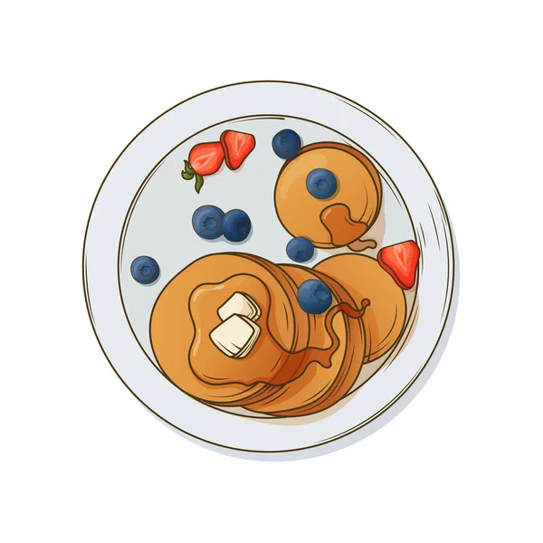 Χειροποίητη Διανυσματική Απεικόνιση Του Πρωινού Τηγανίτες Και Βατόμουρα Φράουλες Χρήση — Διανυσματικό Αρχείο