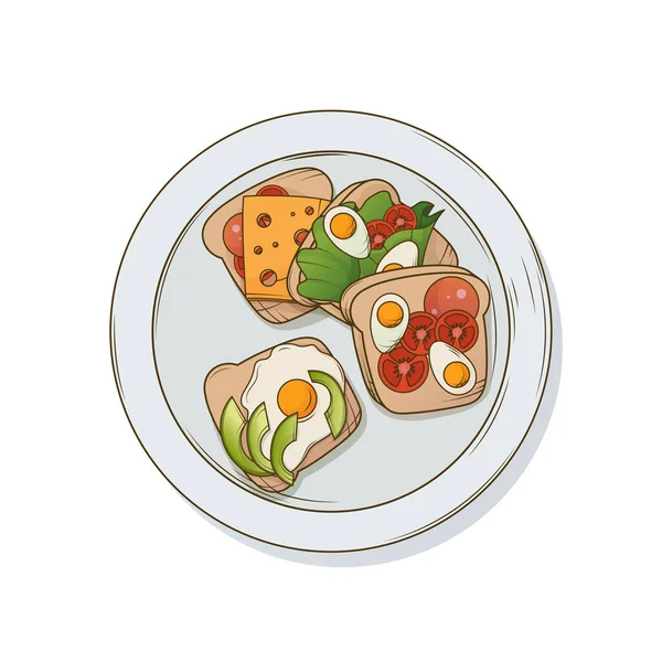 Векторна Ілюстрація Сніданку Бутербродами Смаженим Яйцем Сиром Авокадо Використовується Дизайну — стоковий вектор