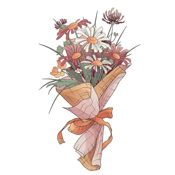 Illustrazione Vettoriale Disegnata Mano Bouquet Con Fiori Campo Camomilla Erbe — Vettoriale Stock