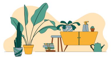 Bir kaldırım taşı, çeşitli ev bitkileri, kitaplar, tabure, sprey, sulama kutusu. Ev bitkilerinin düz çizimi.