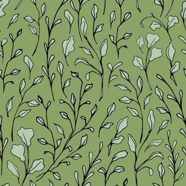 Farklı yaprak ve dallara sahip desensiz desenli, grafiksel çiçek deseni. Stilize edilmiş yapraklar. El çizimi ambalaj kağıdı, kumaş, tekstil, çiçek kitabı tasarımı, kapak, paket.