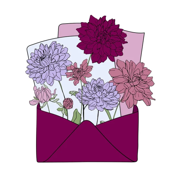 Vector Floral Illustration Envelope Dahlia Leaves Romantic Hand Drawn Illustration — ストックベクタ