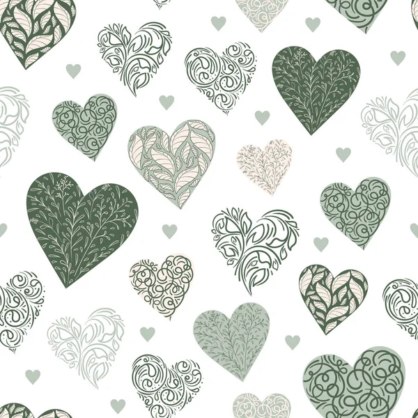 Floral Seamless Pattern Different Heart Graphic Style Heart Shape Leaves — Vetor de Stock