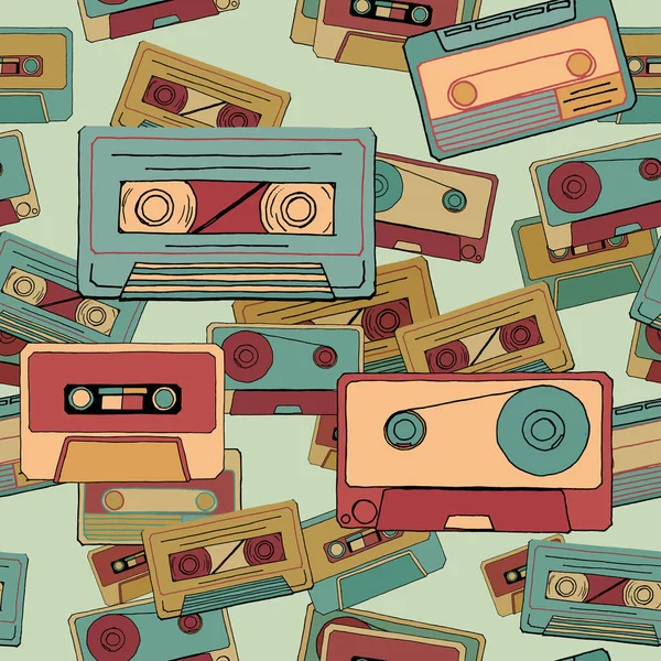 Vector Naadloos Patroon Met Verschillende Cassettes Retro Stijl Nostalgie Naar — Stockvector