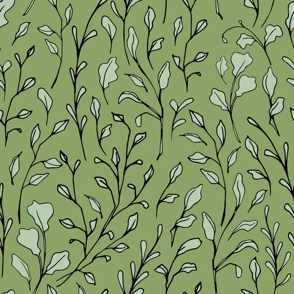 Farklı yaprak ve dallara sahip desensiz desenli, grafiksel çiçek deseni. Stilize edilmiş yapraklar. El çizimi ambalaj kağıdı, kumaş, tekstil, çiçek kitabı tasarımı, kapak, paket.