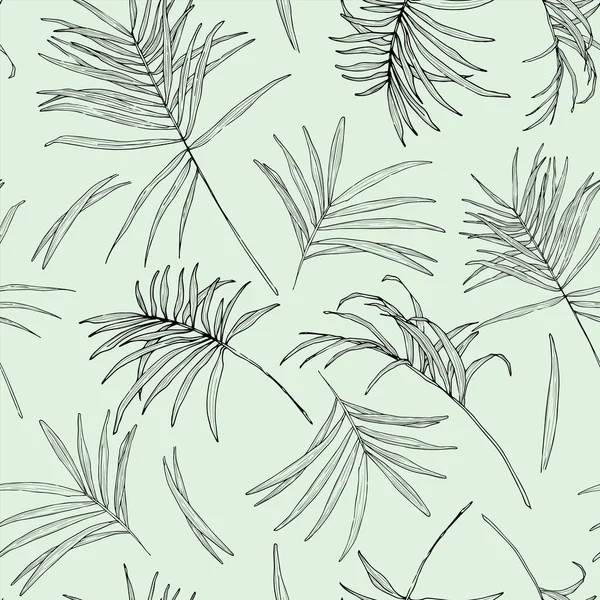 图形花卉无缝图案与棕榈叶线条艺术风格柔和的绿色背景 手绘图解 用于包装纸 纺织品 花卉书籍 包装设计 — 图库矢量图片