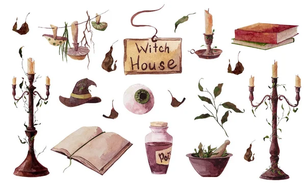 Set Watercolor Illustration Witch House Element Name Plate Potion Witch — ストック写真