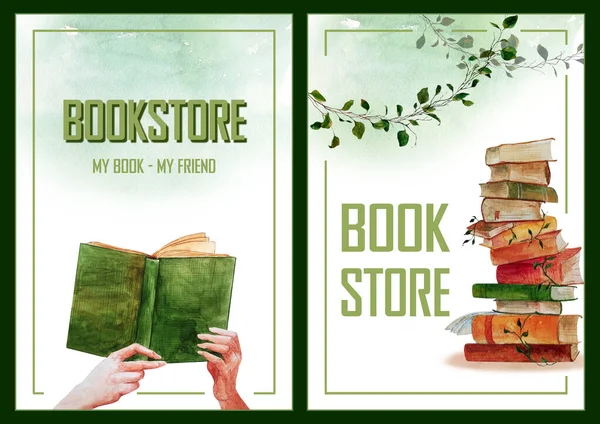 Set Two Watercolor Poster Bookstore Bookshop Library Stack Books Book — Foto Stock