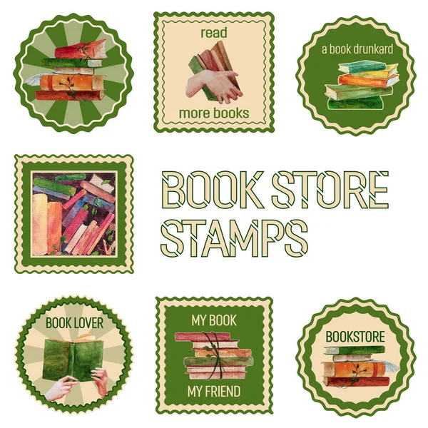 Set from 7 stamps with illustration of books isolated of white. Bookstore, bookshop, library, book lover, bibliophile, education concept.