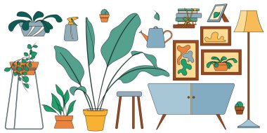 İç unsurları olan vektör seti: kaldırım taşı, ev bitkileri, tablolar, lamba, kitaplar, tabure, sprey, sulama kutusu. Tasarım için düz biçim illüstrasyonu.