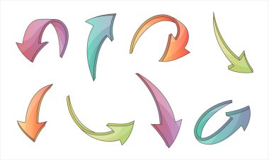 El çizimi basit bir ok seti. Renkli vektör ok simgeleri. Web sayfası, poster, pankart için ok tasarımı. 