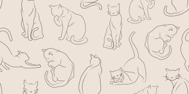 Farklı pozlarda kedi silueti olan kusursuz bir şekil. Eskiz tarzında. Kumaş, tekstil, ambalaj kağıdı, duvar kağıdı, tasarım ve dekorasyon için taslak desen.