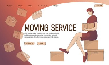 Kutuları olan bir kadınla vektör yolculuğu. Pankart, poster, web sitesi ve reklam için mükemmel bir şablon. Taşıma hizmeti, dağıtım konsepti.