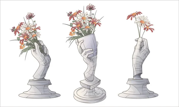Yaban Çiçeği Buketleriyle Heykeli Seti Zarif Cilt Çizimi Poster Afiş — Stok Vektör