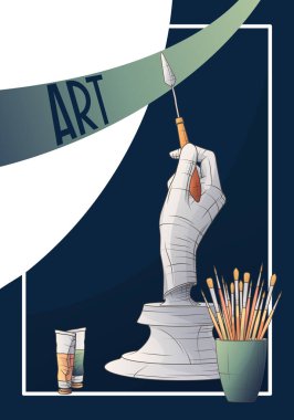 El heykelinin, palet bıçağı, fırça ve boya tüpleriyle resmedildiği vektör arkaplan. Pankart, poster, web sitesi, reklam için. Sanat okulu, heykel okulu, sanat malzemeleri konsepti..