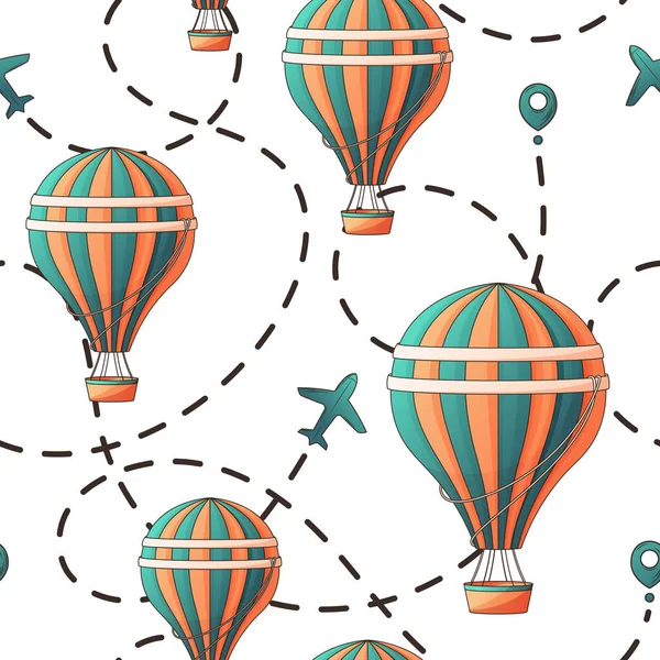 Vektor Nahtlose Muster Mit Heißluftballons Flugzeugroute Standort Symbol Helle Illustration — Stockvektor