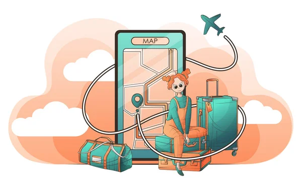 Reisen Tourismuskonzept Vektorhintergrund Mit Illustration Von Smartphone Mädchenfigur Auf Koffern — Stockvektor