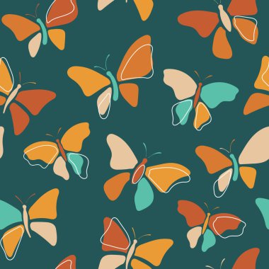 Kelebekli çiçek desenli vektör. Kumaş tasarımı, tekstil, ambalaj kağıdı, duvar kağıdı, kart dekorasyonu, kapak, ambalaj için mükemmel parlak basit illüstrasyon. 