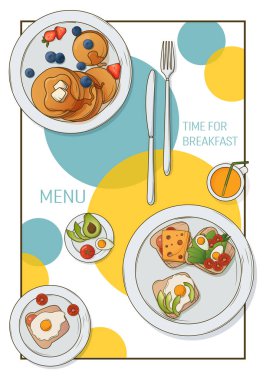 Resimli kahvaltıları olan vektör arkaplan posteri: sandviçler, krepler. Poster, afiş, web sitesi, kart, menü dekorasyonu, kafe için. Çizgi film tarzında..