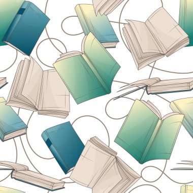 Vector seamless pattern with books, open books. Illustration for fabric design, textile decoration, poster, wrapping paper, wallpaper, packaging, cover, card. Library, school, bookstore concept.