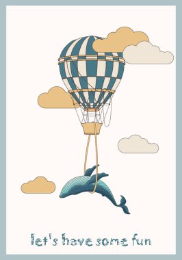Balinalı ve karikatür tarzında bulutlu sıcak hava balonunun vektör çizimi. Çocuk odası tasarımı, kartpostal dekorasyonu, kapağı, kitabı, poster tasarımı için el çizimi.