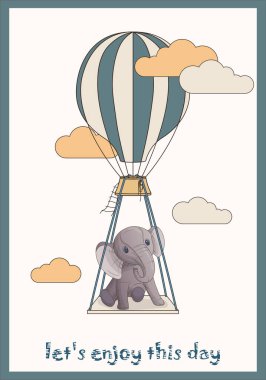 İçinde sıcak hava balonu, fil ve çizgi film tarzında bulutlar olan bir posterin vektör çizimi. Çocuk odası tasarımı, kartpostal dekorasyonu, kapağı, kitabı, poster tasarımı için el çizimi.