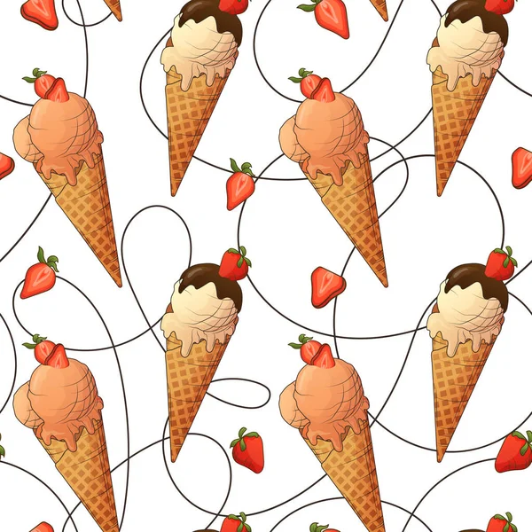 Vektornahtloses Muster Mit Eis Waffelkegel Mit Erdbeere Helle Illustration Für — Stockvektor