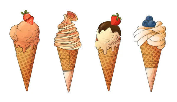 Vector Set Illustrations Ice Cream Waffle Cone Fruits Design Packaging — ストックベクタ