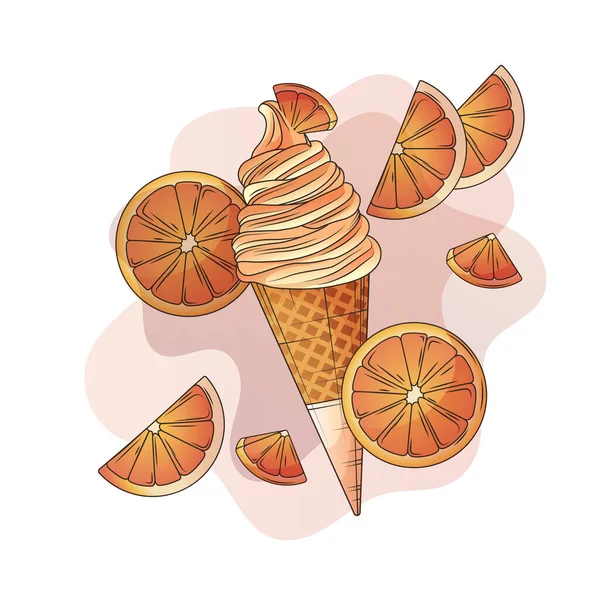 Vector Illustration Ice Cream Waffle Cone Slice Orange Hand Drawn — Stock Vector