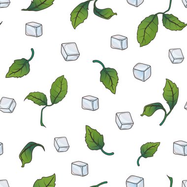 Vector seamless pattern with ice, mint isolated on white background. Hand-drawn bright illustration for fabric, packaging design, decoration of cover, textile, bar design, wrapping paper.