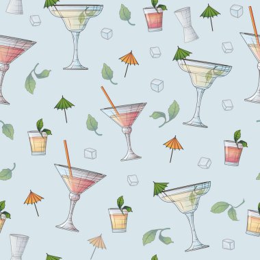 Vector seamless pattern with cocktail, ice, mint, decorative umbrella. Hand-drawn bright illustration for fabric, packaging design, decoration of cover, textile, bar design, wrapping paper.