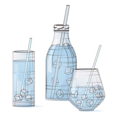 Vector illustration of bottle of water, glass of water with ice in cartoon style. Hand- drawn illustration for bar decoration, cafe, menu design, poster, banner decoration.