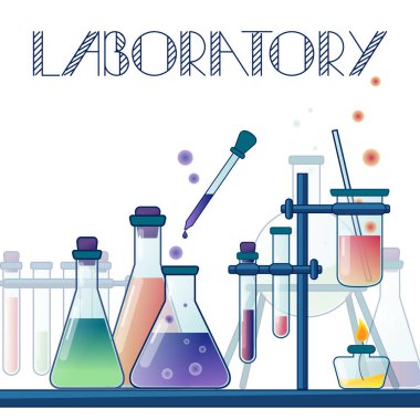 Chemical Laboratory with different glass flasks, vials, test-tubes with substance and reagents. Lab research, testing, studies in chemistry, physics, biology. Flat illustration. Background for poster.