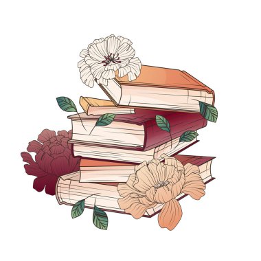 Vector illustration of stack of books with flowers and leaves isolated on white. Hand-drawn illustration for decoration of bookstore, library, card design, poster, banner.
