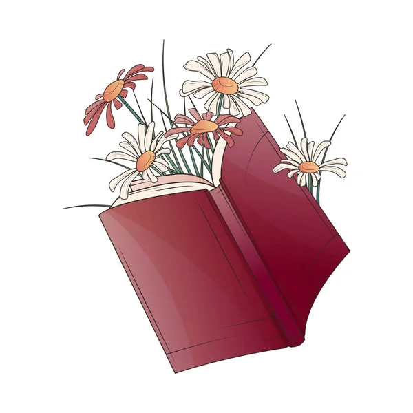 Vector Illustration Open Book Daisies Grasses Isolated White Hand Drawn — ストックベクタ