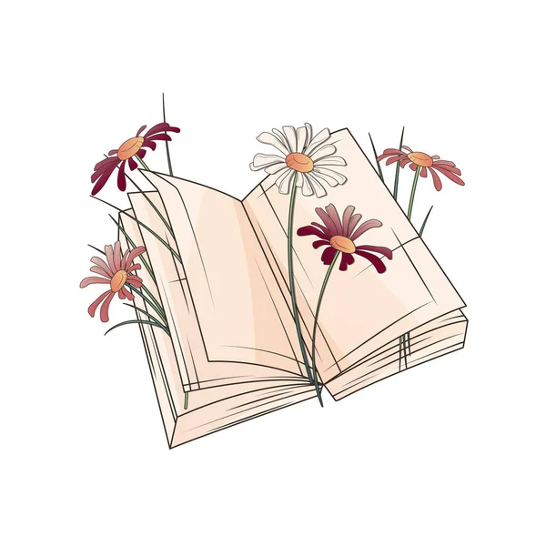 Vector Illustration Open Book Daisies Grasses Isolated White Hand Drawn — Vettoriale Stock