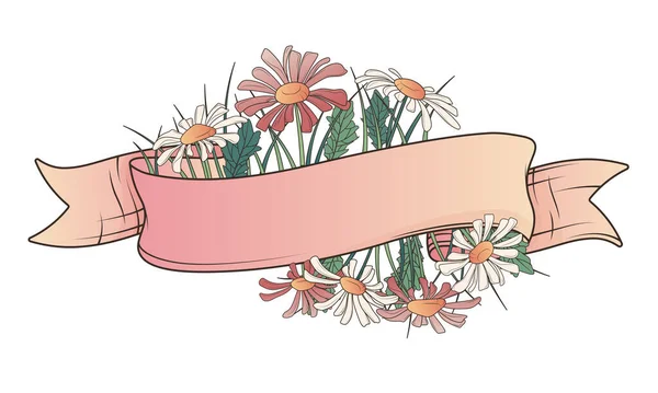 Vector Illustration Ribbon Daisy Flowers Leaves Grass Simple Floral Background — ストックベクタ