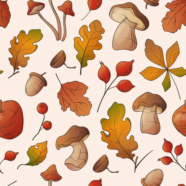 Vektorový Podzimní Hladký Vzor Ilustrací Listů Hub Bobulí Jablek Vzor — Stockový vektor