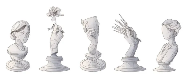 Набор Векторной Иллюстрации Скульптур Женщина Разбила Статую Скульптура Руки Ручная — стоковый вектор