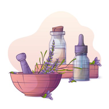 Gerekli yağ, havan topuzu ve lavanta çiçeğinin vektör çizimi. Damlatıcılı cam şişe. Lavandula yağı. Kozmetik, parfüm ve tıbbi bitki.