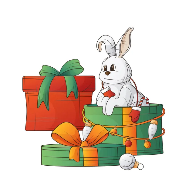 Ilustración Vectorial Navidad Conejo Una Caja Regalo Ilustración Conejito Lindo — Vector de stock