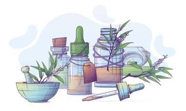 Gerekli yağ, çay ağacı yaprakları, aroma lambası, havan topu ve tokmak şişelerinin vektör çizimi. Damlatıcılı cam şişe. Pipette. Çay ağacı temel yağdır. Kozmetik, parfüm, aromaterapi..